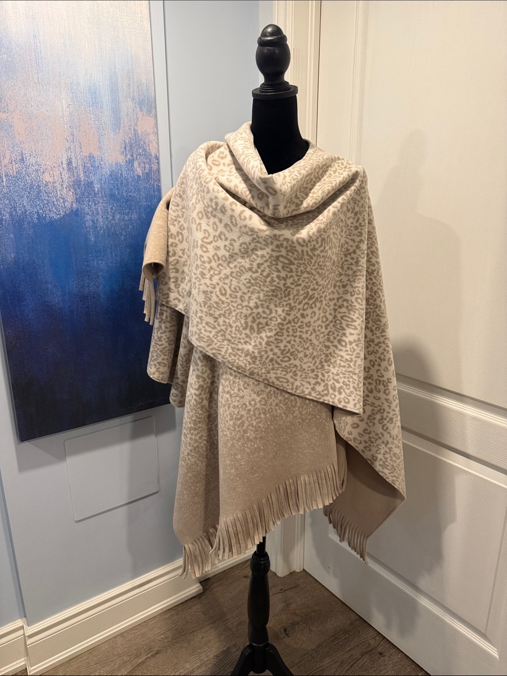 Marina Luna Beige Leopard-Print Fringed Shawl Wrap